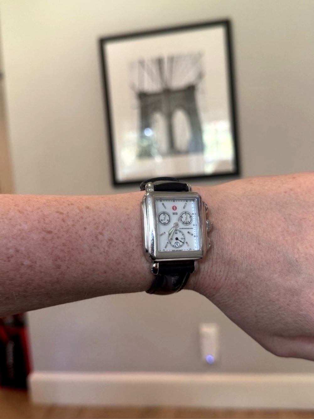 Michele Deco Chronograph Watch Silver Tone Black Patent Leather Strap
